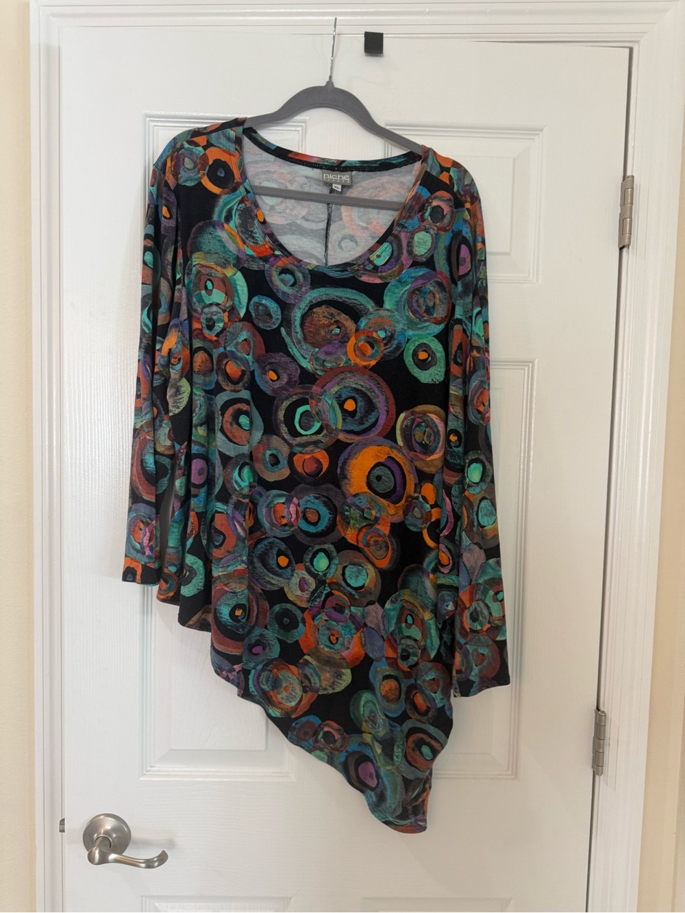 Niche Black Asymmetrical Tunic with Teal, Purple & Orange Circles